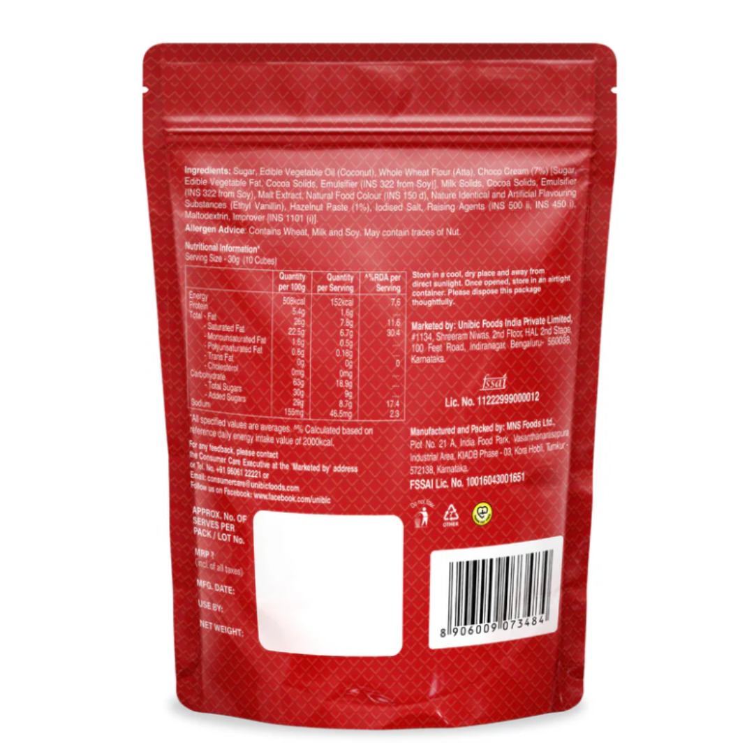 unibic qubz choco hazelnut wafer 0% maida 120g