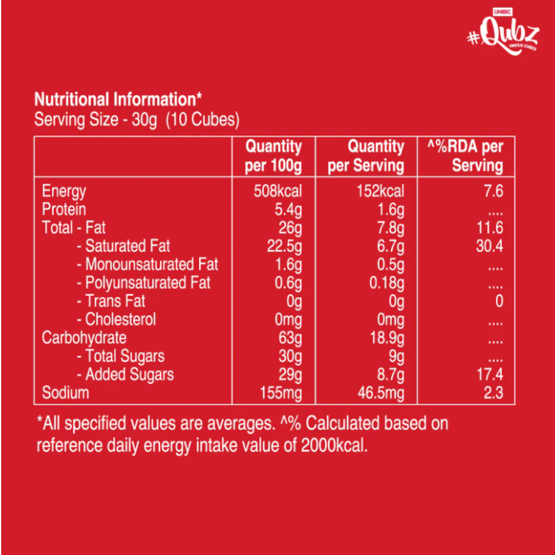 unibic qubz choco hazelnut wafer 0% maida 120g